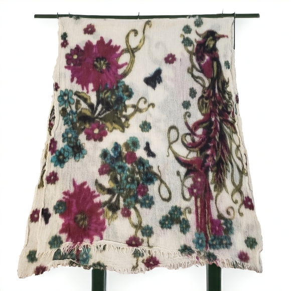 Hang N Hold Wool Crepe Floral Scarf Wrap 2 x68 Inch Raw Hem Colorful Lightweight - Picture 3 of 11